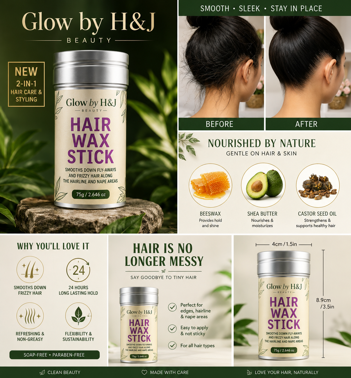 Glow by H&J Hair Wax Stick – 24-Hour Frizz Control & Edge Smoother