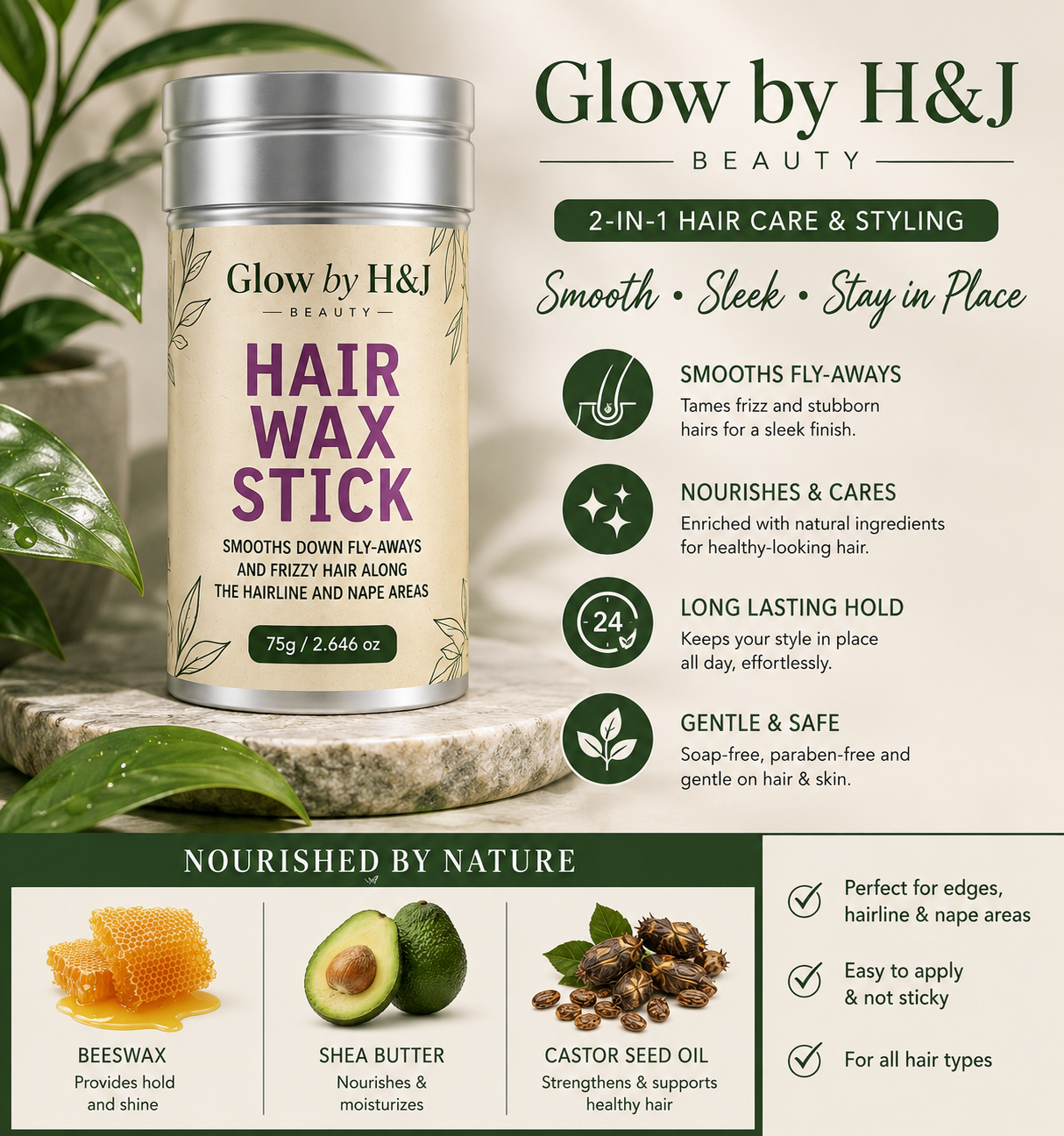 Glow by H&J Hair Wax Stick – 24-Hour Frizz Control & Edge Smoother